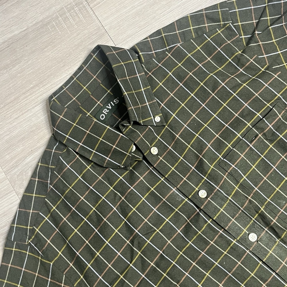 Orvis Mens Large Button Down 100% Cotton Green Multi Plaid Long Sleeve Shirt